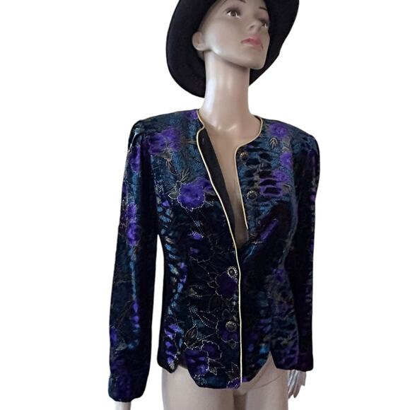 Vintage R&K Evening 80s Jacket Womens M Petite Black Velvet Floral Fancy Button - Picture 1 of 16